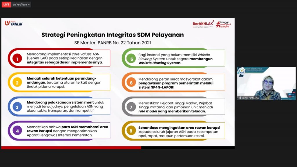 Tangkapan layar kegiatan Forum Konsultasi Publik Pusat Data, Statistik, dan Informasi dengan tema 'Integritas Pelayanan Publik', secara virtual, Kamis (28/10).