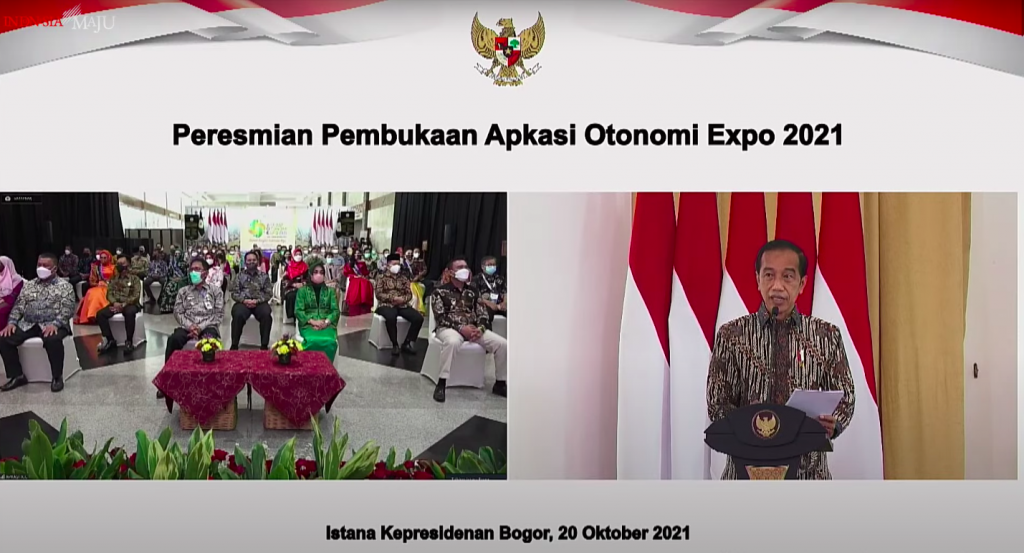 Presiden Joko Widodo memberikan sambutan saat membuka Apkasi Otonomi Expo 2021, di Istana Kepresidenan Bogor, Jabar, Rabu (20/10/2021). (Sumber: Tangkapan Layar YouTube Sekretariat Presiden)