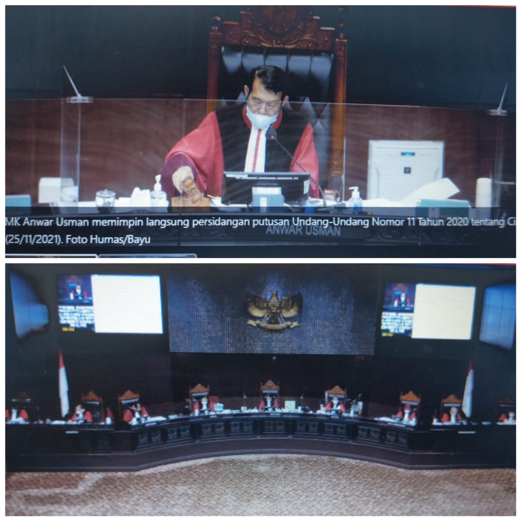 Ketua MK Anwar Usman memimpin langsung persidangan putusan Undang-Undang Nomor 11 Tahun 2020 tentang Cipta Kerja, Kamis (25/11/2021). Foto Humas/Bayu