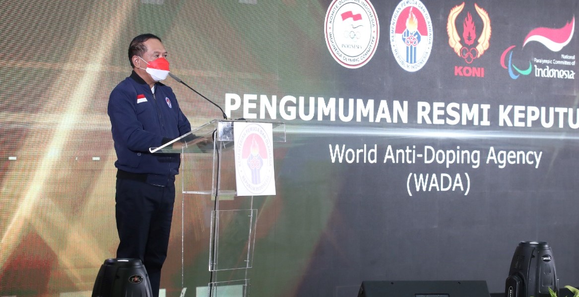 Menpora Zainudin Amali saat mengumumkan pencabutan sanksi WADA, Jumat (04/02/2022), di Jakarta. (Foto: Humas Kemenpora)