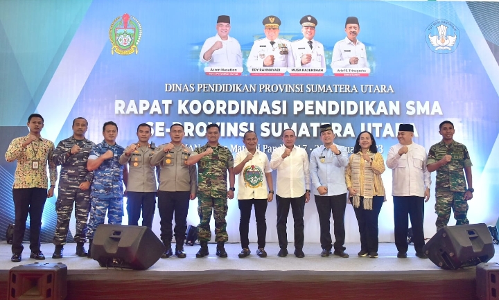 Gubernur Sumatera Utara (Sumut) Edy Rahmayadi mengadiri sekaligus membuka acara Rapat Koordinasi (Rakor) Pendidikan Sekolah Menengah Atas (SMA) se Provinsi Sumut di SMA 1 Plus Matauli, Kecamatan Pandan, Kebupaten Tapanuli Tengah, Jumat (17/2/2023).