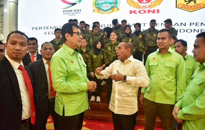 Gubernur Sumatera Utara (Sumut) Edy Rahmayadi melaksanakan Rapat Koordinasi (Rakor) dengan Pengurus Provinsi (Pengprov) Federasi Olahraga Karate-Do Indonesia (Forki) Sumut   di Aula Raja Inal Siregar, Lantai 2 Kantor Gubernur Sumut, Jalan Pangeran Diponegoro Medan, Selasa (4/4/2023).