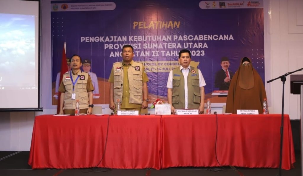 Kepala Badan Penanggulangan Bencana Daerah (BPBD) Provinsi Sumatera Utara (Sumut) Tuahta Ramajaya Saragih membuka Pelatihan Pengkajian Kebutuhan Pascabencana (Jitupasna) pada 11-14 Juli 2023, di Hotel Alam Cordella Medan, Selasa (11/7).