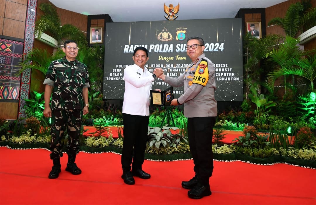 Pj Gubernur Sumut Hassanudin mengikuti Rapat Pimpinan Polda Sumut tahun 2024 yang diselenggarakan di Aula Tri Brata, Mapolda Sumut, Jalan Sisingamangaraja, Medan, Rabu (13/3/2024).