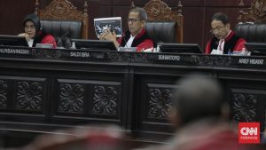 Suasana saat sidang sengketa hasil Pilpres 2024 di Mahkamah Konstitusi. MK akan mengeluarkan putusan pada 22 April 2024. (CNN Indonesia/Adhi Wicaksono)