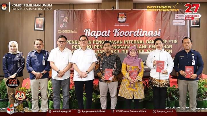 KPU Sumut menggelar rapat koordinasi (Rakor) penguatan pengawasan internal dan kode etik perilaku penyelenggara jelang Pemilihan Gubernur dan Wakil Gubernur, Bupati dan Wakil Bupati dan Walikota dan Wakil Walikota Tahun 2024 di Grand Mercure Maha Cipta Medan Angkasa. (Foto/Ist)