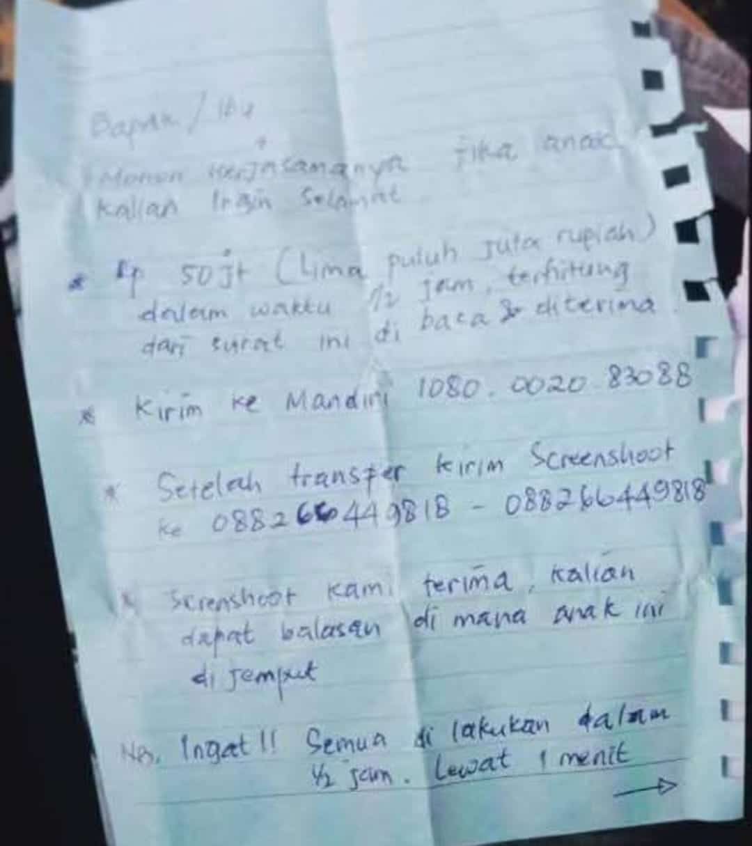 Anak Sekolah Diduga Diculik di Marelan, Pelaku Tinggalkan Surat Ancaman Tebusan Rp50 Juta