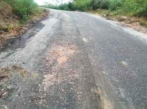 Jalan Desa Pegagan Julu VII Kecamatan Sumbul Kabupaten Dairi, yang baru hitungan hari setelah dikerjakan, mengalami kerusakan. Permukaan konstruksi retak, lapisan batu mengelupas. Terdapat cekungan mirip rel memanjang pada bekas lintasan roda kenderaan. (DETEKSI.co/Parulian Phsp Nainggolan)