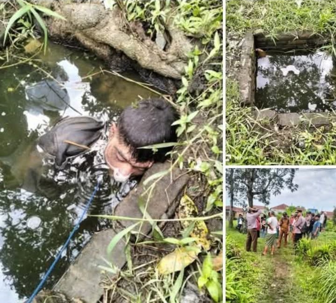 Kondisi tubuh korban saat ditemukan di dalam lubang mirip sumur di Jalan Pancasila, Medan Tembung, Senin (5/1/2026) pagi.