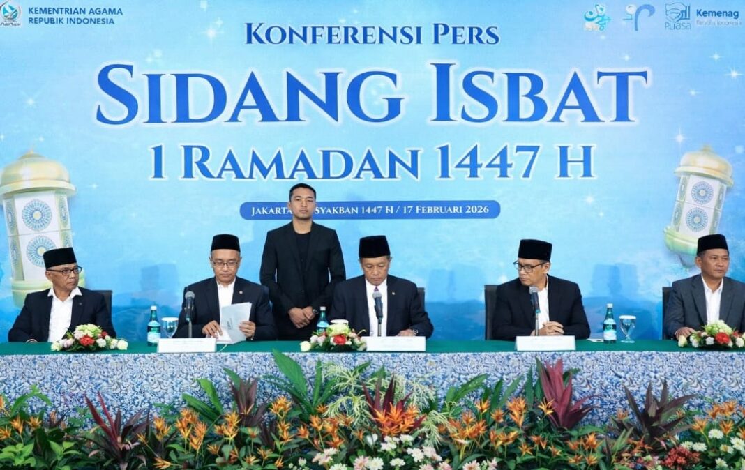 Menteri Agama bersama jajaran memimpin konferensi pers Sidang Isbat penetapan 1 Ramadan 1447 H di Jakarta, Selasa (17/2/2026).
