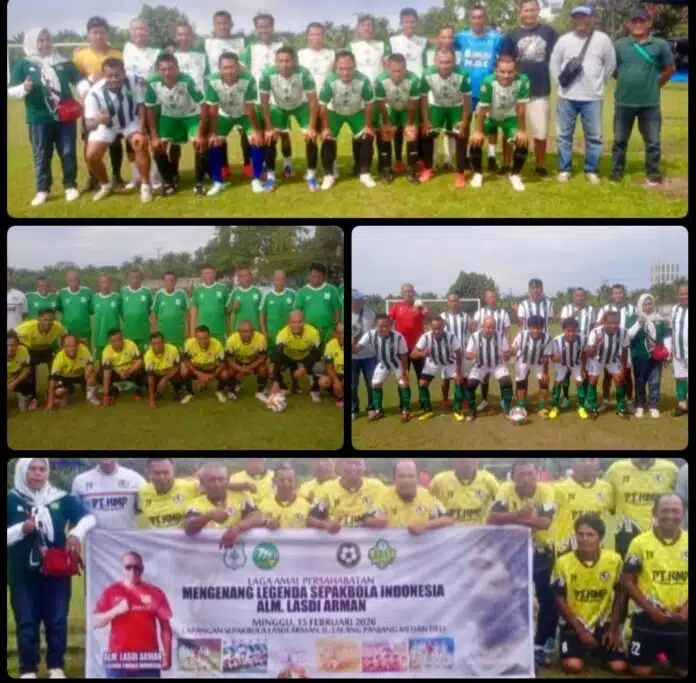 Para pemain legendaris PSMS, Medan Jaya, Lasuma FC, dan Mabar Putra FC berfoto bersama usai laga silaturahmi menyambut Ramadan 1446 H di Medan, Minggu (15/2/2026)
