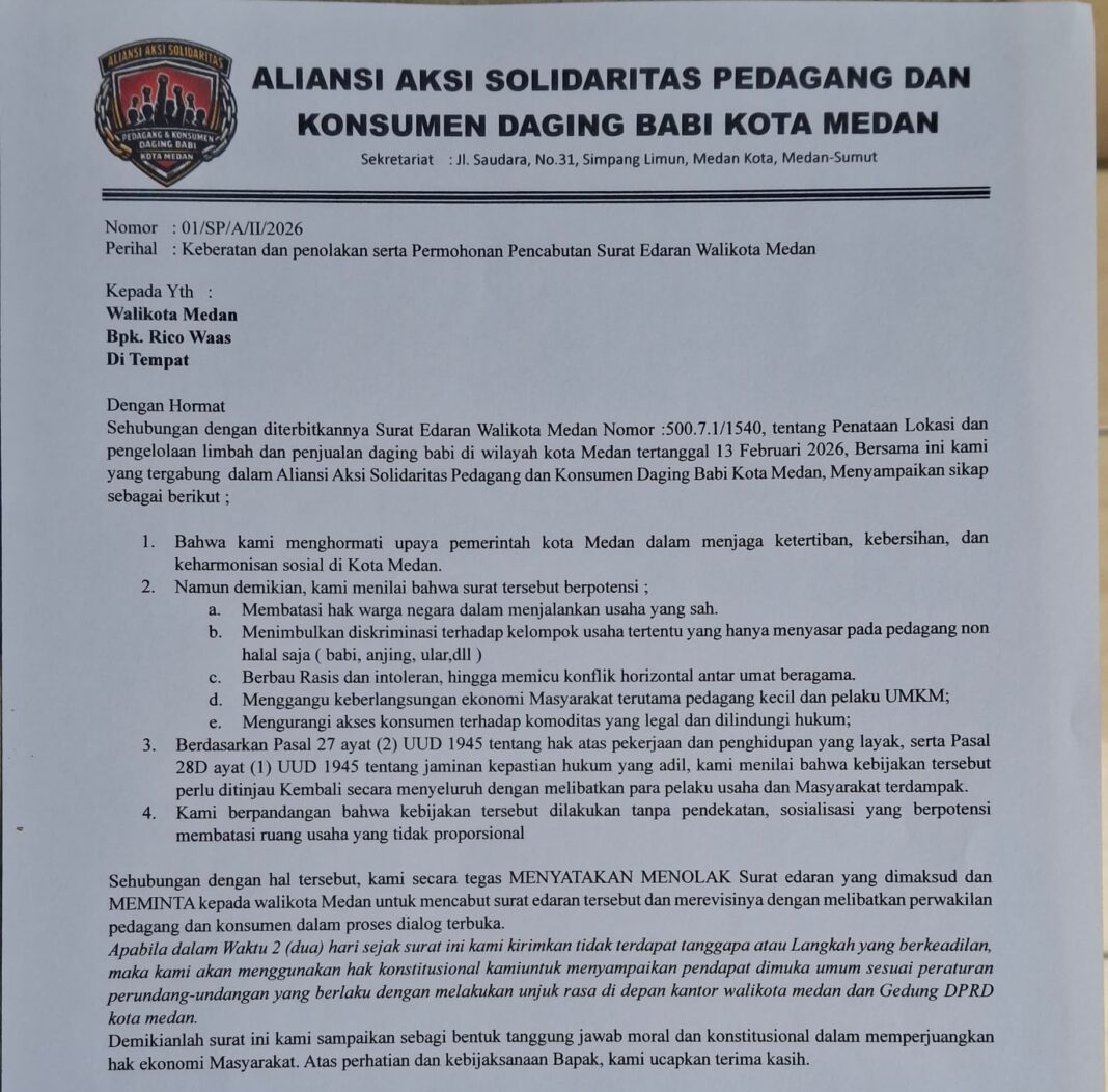 Aliansi pedagang dan konsumen daging Babi Ultimatum surati Wali Kota Medan nomor 01/SP/A/II/2026 perihal keberatan larangan.