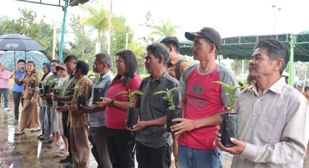 Perwakilan warga menerima bibit pohon dalam deklarasi satu tahun pemerintahan Bupati Dairi Vickner Sinaga dan Wakil Bupati Wahyu Daniel Sagala, di Lapangan Hotel Beristera, Sitinjo, Selasa (3/3/2026). (Istimewa)