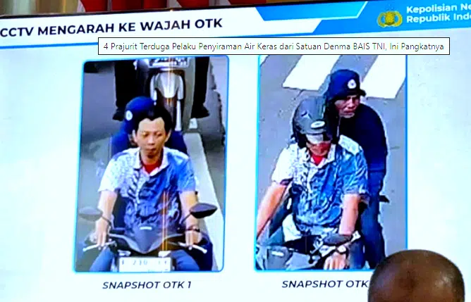 Tampilan rekaman CCTV yang memperlihatkan dua orang terduga pelaku penyiraman air keras terhadap aktivis KontraS Andrie Yunus di kawasan Jakarta Pusat. Empat prajurit TNI dari Denma BAIS TNI kini telah diamankan dan menjalani pemeriksaan oleh Puspom TNI.