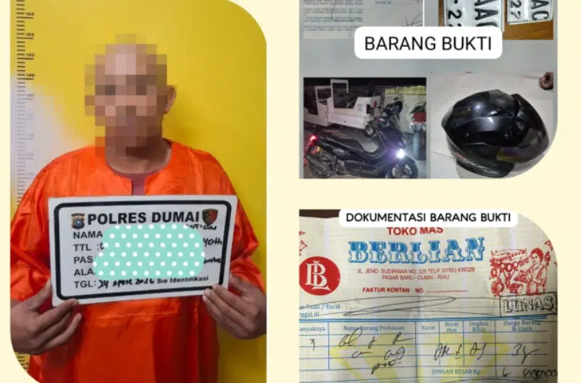 Petugas Satreskrim Polres Dumai menunjukkan tersangka jambret berinisial A beserta barang bukti berupa sepeda motor Yamaha N-Max, helm, dan surat emas hasil kejahatan yang diamankan di wilayah Dumai Barat, Jumat (24/4/2026).