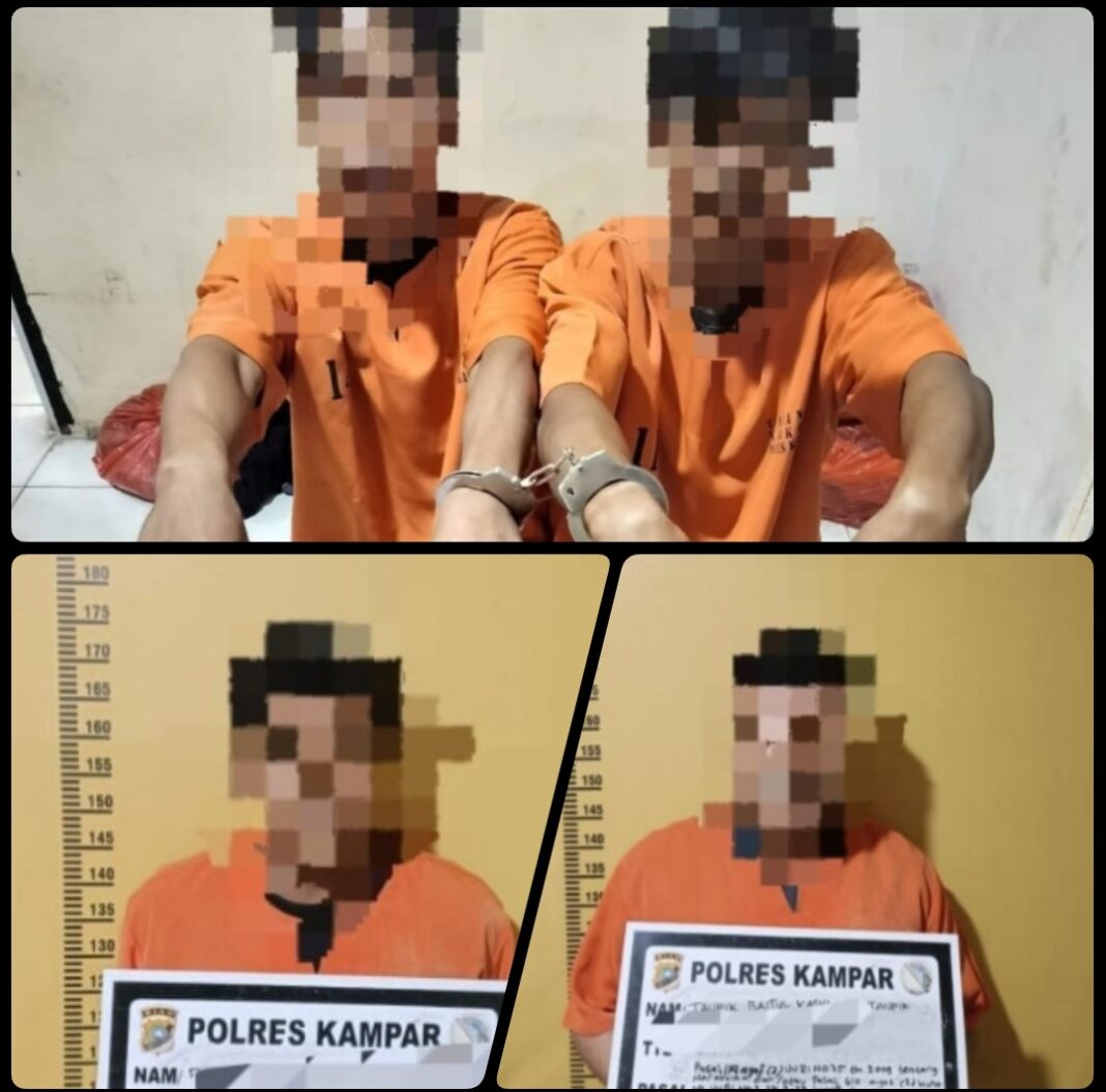 4 tersangka kasus narkotika, IJ (30), JA (29), TA (31), dan PA (30), diamankan Satresnarkoba Polres Kampar dalam pengungkapan dua lokasi di Kecamatan Tambang, Kabupaten Kampar. Dari penangkapan tersebut, polisi menyita puluhan paket sabu dengan total berat lebih dari 21 gram beserta alat hisap dan barang bukti lainnya.