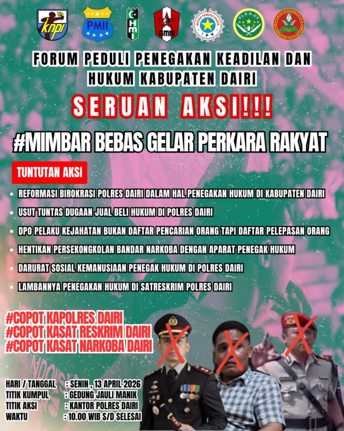 Ajakan aksi unjukrasa ke Mapolres Dairi dengan tagar “Mimbar Bebas Gelar Perkara Rakyat”, beredar dan mendapat sambutan luas. (Istimewa)