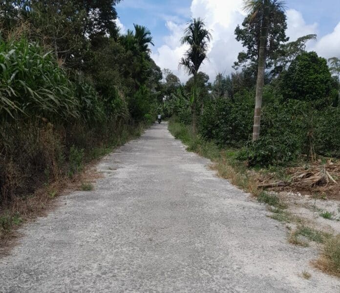 Jalan Usaha Tani berlokasi di Dusun I Juma Teguh yang diaspal menggunakan Dana Desa tahun 2025. Kepala Desa membantah unggahan video di media sosial yang menyebut pengaspalan dilakukan di wilayah desa tetangga.(Istimewa)