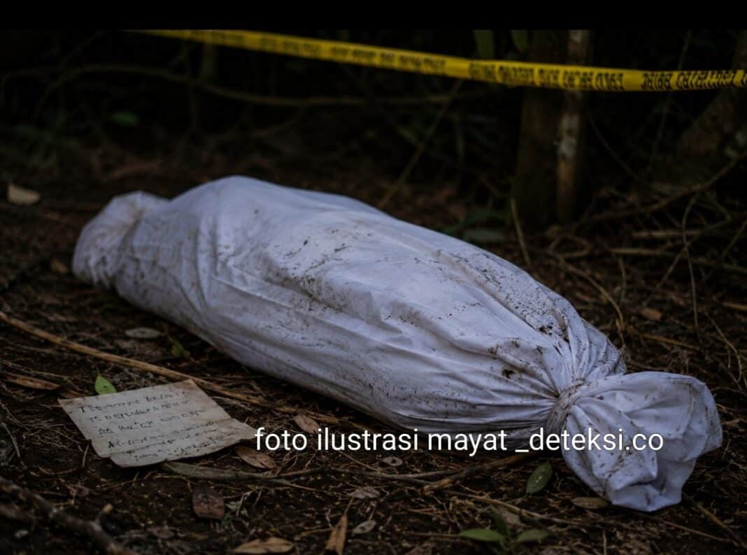 Petugas kepolisian melakukan olah tempat kejadian perkara (TKP) setelah penemuan mayat anak perempuan tanpa identitas yang terbungkus kain putih di Desa Tritunggal, Kecamatan Katibung, Lampung Selatan, Jumat (22/5/2026). Polisi juga menemukan surat wasiat diduga dari orang tua korban di dekat lokasi penemuan jenazah.