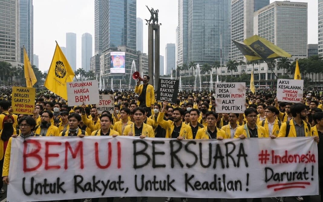 Ribuan mahasiswa yang tergabung dalam Badan Eksekutif Mahasiswa (BEM) Universitas Indonesia menggelar aksi unjuk rasa di Jakarta, Jumat (12/6/2026). Dalam demonstrasi tersebut, massa menyampaikan lima tuntutan kepada pemerintah, termasuk terkait APBN, harga kebutuhan pokok, BBM, Program Makan Bergizi Gratis (MBG), serta kebijakan di ranah sipil.