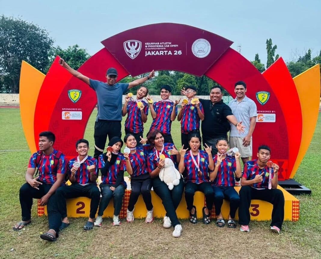 Kontingen Sumut pada Kejurnas Atletik yang berlangsung pada 27-30 Juni 2026 di Jakarta. Dalam event tersebut, Sumut meraih 8 medali emas, 6 diantaranya disumbang atlet asal Kabupaten Dairi. (Istimewa)