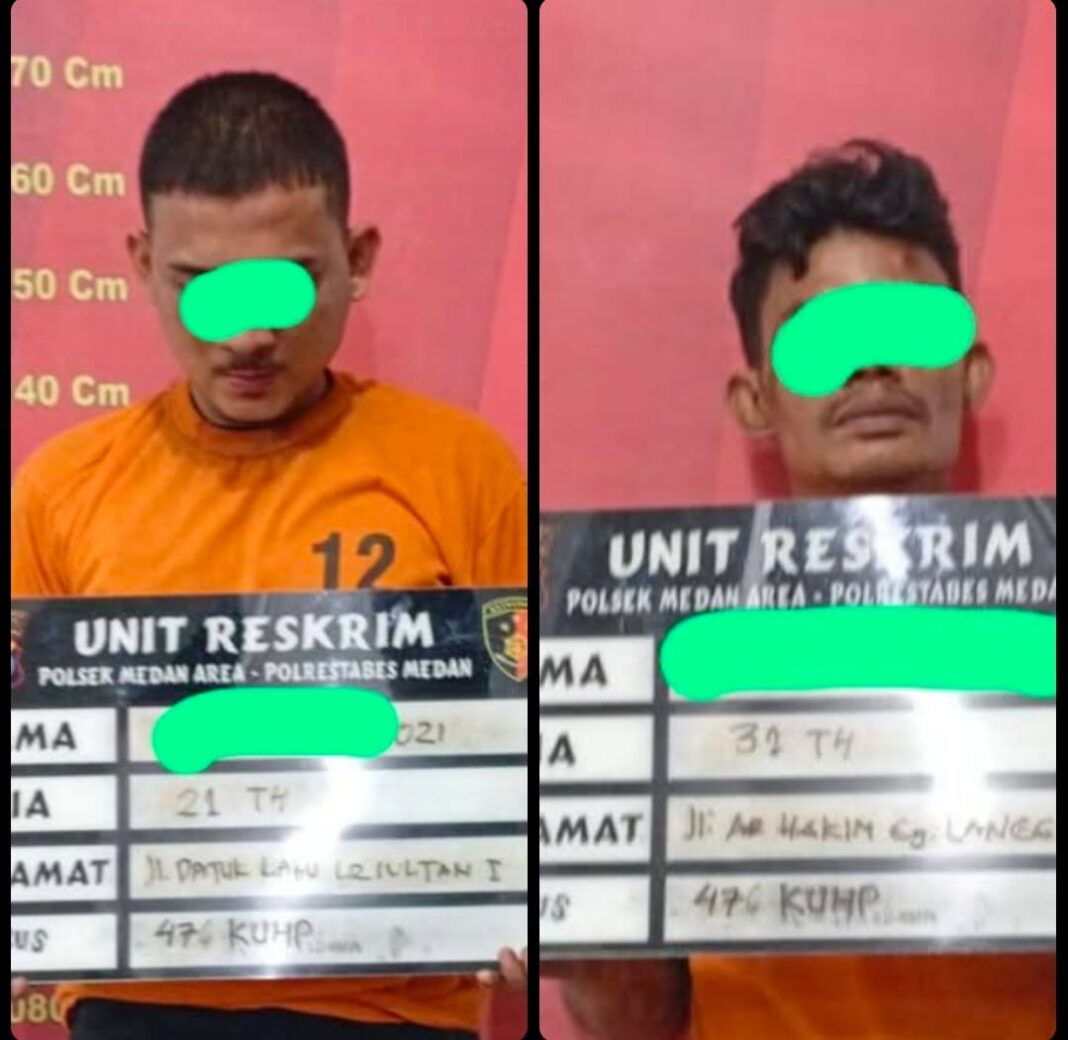Dua pelaku jambret diamankan personel Polsek Medan Area setelah ditangkap warga usai merampas telepon genggam milik seorang perempuan di Jalan Jermal IV, Kecamatan Medan Denai, Kamis (9/7/2026) malam.