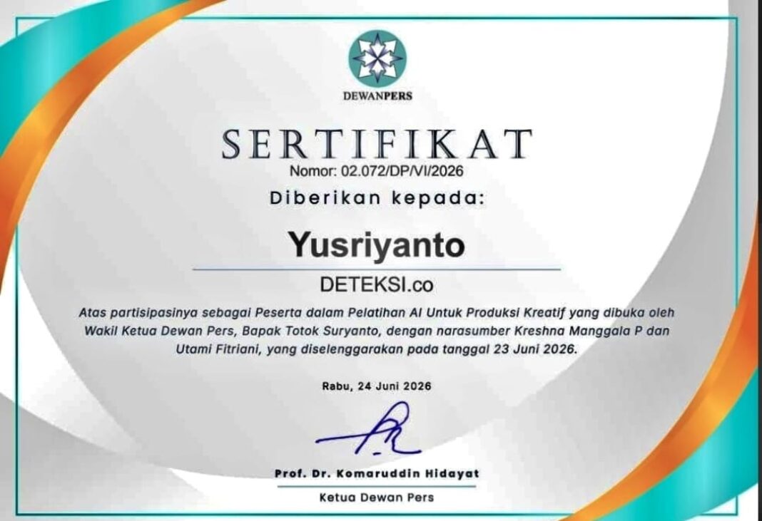 Yusriyanto dari DETEKSI.co menerima sertifikat resmi Dewan Pers setelah mengikuti Pelatihan AI Untuk Produksi Kreatif di Jakarta sebagai bentuk peningkatan kompetensi jurnalis dalam pemanfaatan teknologi Artificial Intelligence untuk produksi konten media.