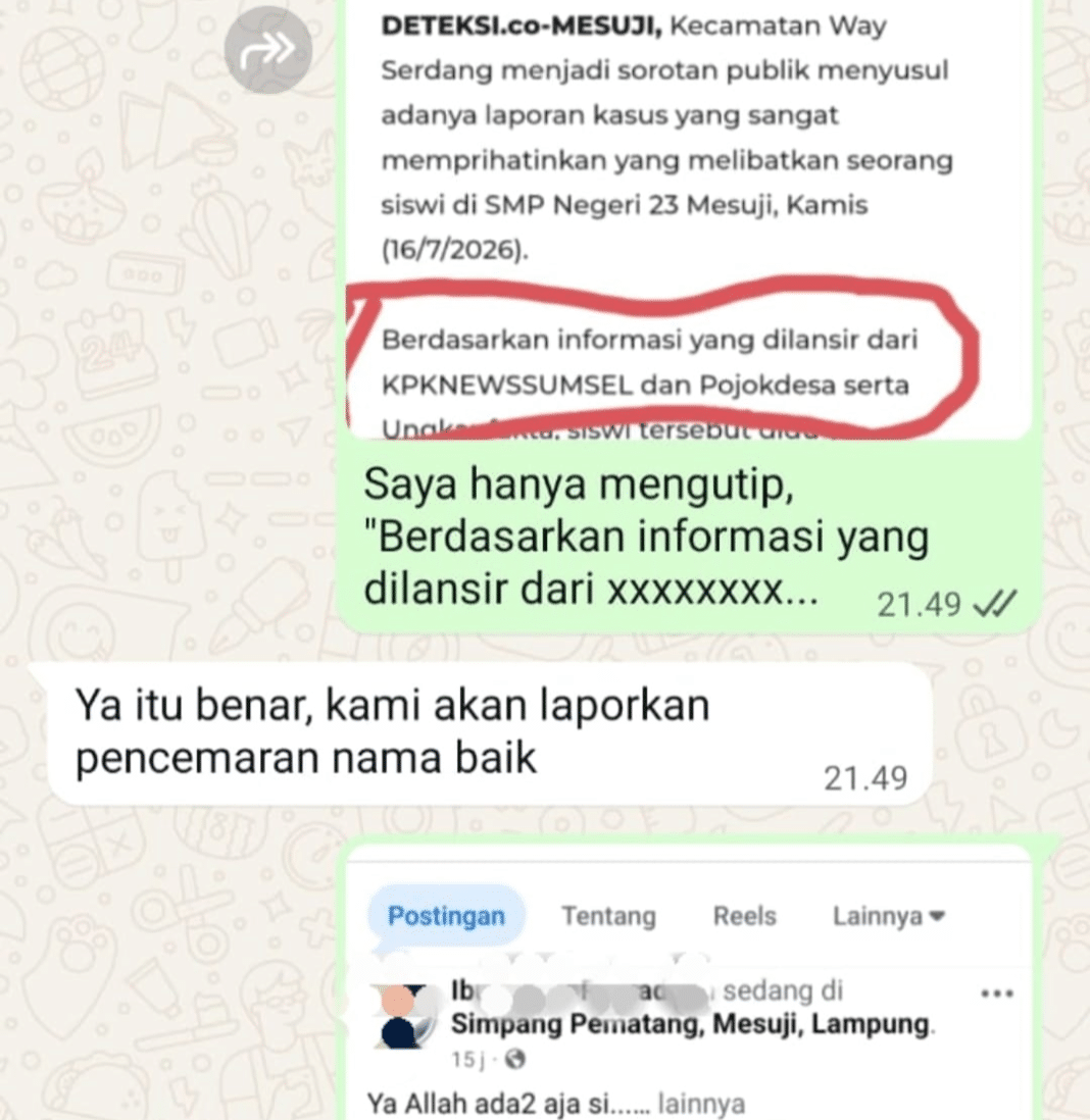 Tangkapan Layar Handphone Android (Screenshot) pembicaraan di WhatsApp dengan Bupati Mesuji Hj. Elfianah, S.E., menyatakan akan menempuh jalur hukum terkait pemberitaan yang beredar mengenai dugaan kasus yang melibatkan seorang siswi di Kecamatan Way Serdang, Kabupaten Mesuji. (Foto Dok. deteksi.co Kamis (16/7/2026)