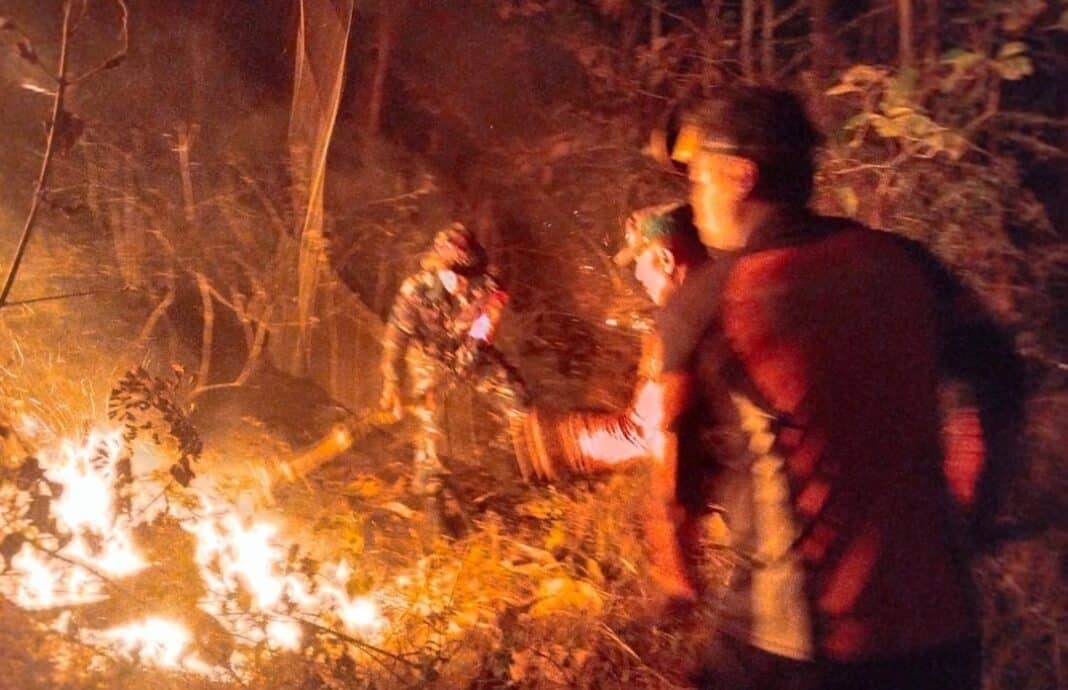 Tim gabungan TNI-Polri, BPBD, Damkar, Perhutani, relawan, dan masyarakat melakukan pemadaman kebakaran hutan di Petak 76 B, Kelurahan Tamanan, Kecamatan Trenggalek, Selasa (18/8/2026) malam.