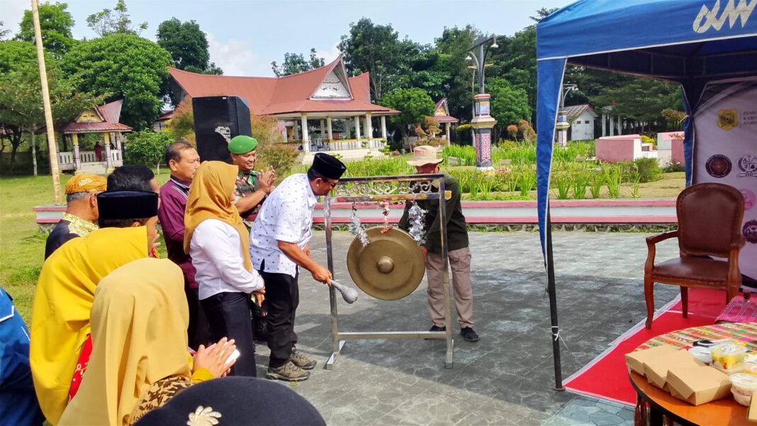 Wakil Bupati Dairi, Wahyu Daniel Sagala memukul gong menandai pembukaan Pesta Rakyat UMKM yang digelar di kawasan PLUT Expo, Taman Rekreasi Sidikalang, Rabu (12/08/2026). (Istimewa)