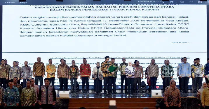 Gubernur Sumatera Utara Muhammad Bobby Afif Nasution bersama kepala daerah se-Sumut mengikuti Rapat Koordinasi Penguatan Tata Kelola Pemerintah Daerah dan Pencegahan Korupsi di Aula Raja Inal Siregar, Kantor Gubernur Sumut, Medan, Kamis (17/9/2026). (Foto Dok. Kominfo Sumut)