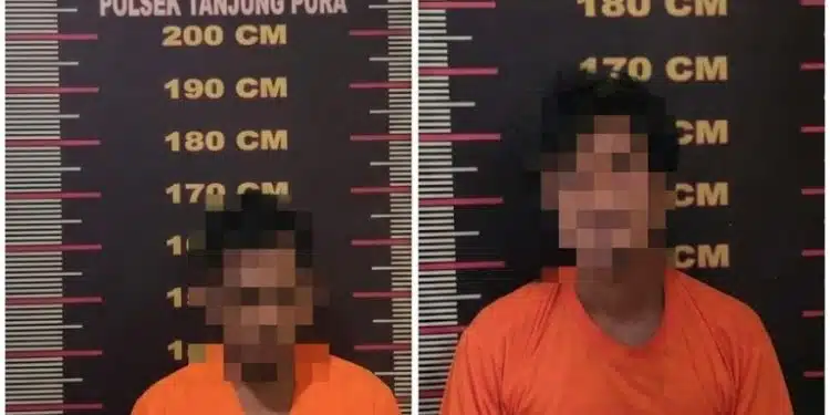 Petugas Polsek Tanjung Pura mengamankan tersangka kasus pencurian brankas di toko MR. D.I.Y beserta barang bukti berupa brankas besi dan mesin gerinda potong di Kabupaten Langkat.