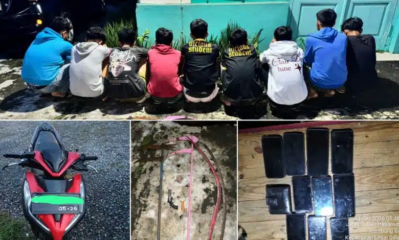 Tim LIBAS Polres Binjai mengamankan sembilan remaja dan menyita sejumlah barang bukti dalam pengungkapan dugaan rencana tawuran antarkelompok geng motor di Jalan Sibolga, Kecamatan Binjai Selatan, Minggu (11/10/2026) dini hari. (Foto Dok. Bid. Humas Polda Sumut)