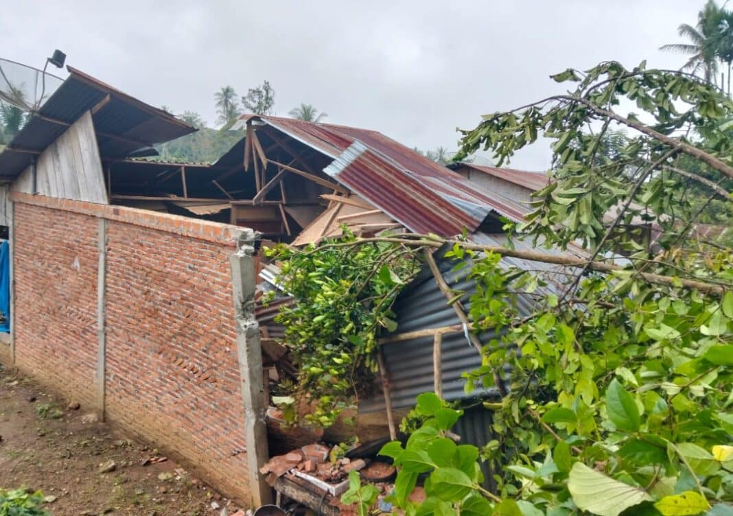Bangunan rumah rusak setelah ditimpa pohon tumbang di Dusun Liren Desa Kuta Gamber Kecamatan Tanah Pinem Dairi, Jumat (30/10/2026) malam. (Istimewa )